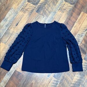 Navy Blue Blouse with Sheer Polka Dot Sleeves
